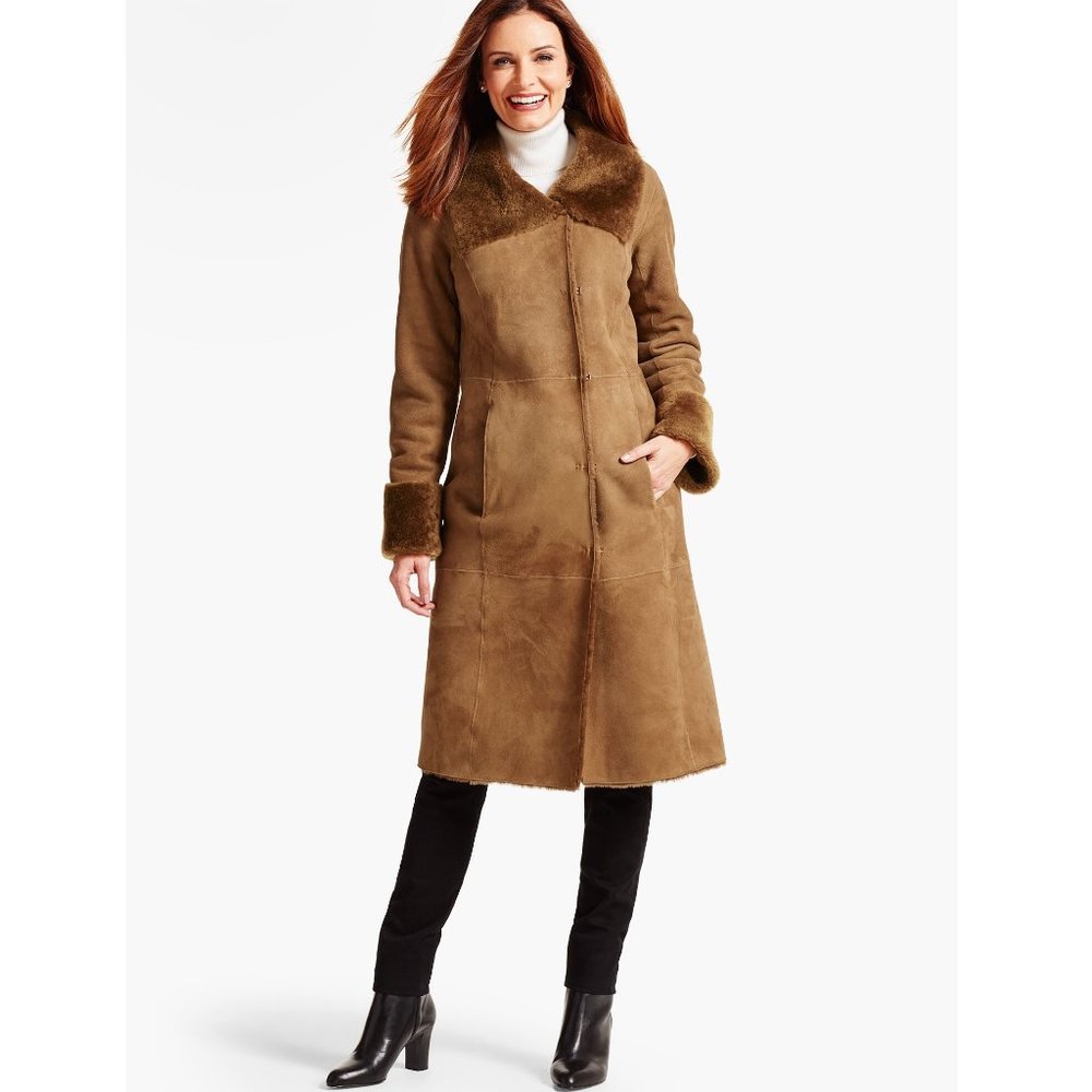 NWT Women's Real Shearling Fur Lambskin Long Coat Light Brown Tan Size S Small 6